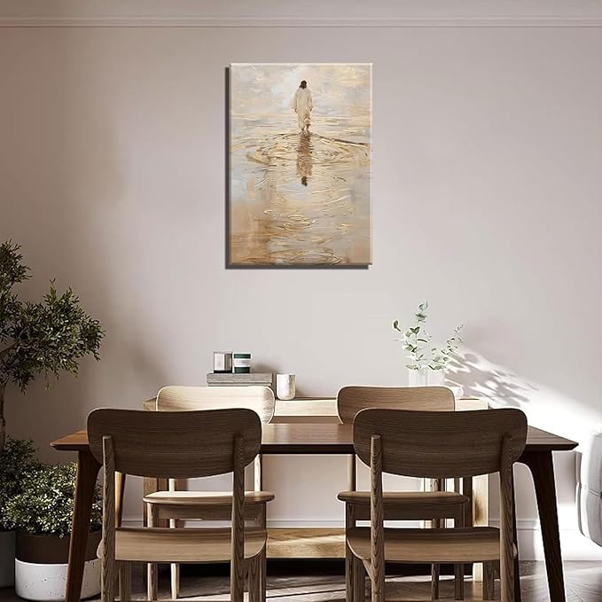 1Pcs Frame Jesus Walking on Water Canvas Wall Art Christian Jesus Walking on Water Back Wall Decor Pictures I Will Walk With Christ Posters Prints for Church Dining Living Room Kitchen Wall Bedroom Decoration16x24in