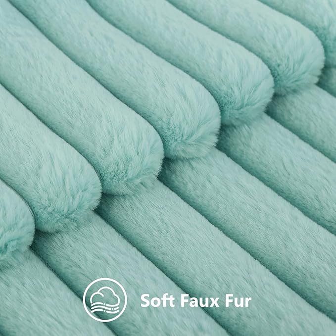 decorUhome Faux Fur Spring Throw Pillow Covers 24x24 Set of 2, Decorative Soft Plush Striped Neutral Couch Euro Sham Pillow Covers with Velvet Back for Sofa, Bed, Living Room Home, Aqua