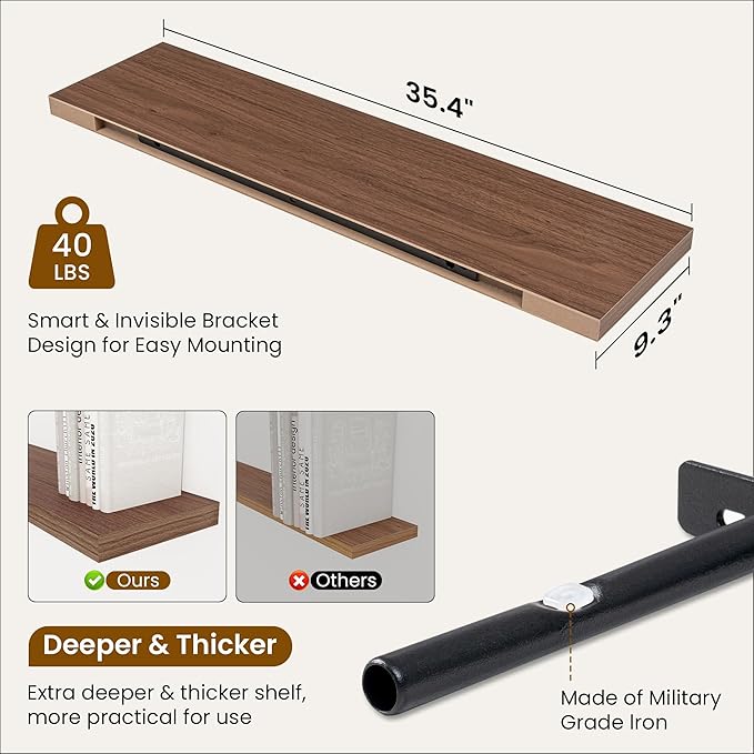 Fun Memories 36 Inch Floating Shelves, 9.3 Inch Deep Rustic Wall Shelves - Extra Deeper Wall Mounted Storage Shelves for Bathroom, Kitchen, Living Room (Walnut, Set of 2)