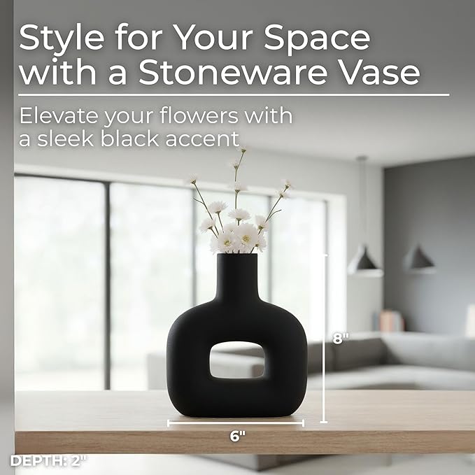 Modern Open-Cut Dolomite Vase for Living Room Decor and Home Accents - Decorative Flower Vase for Room, Bedroom or Office Display - Elevate House Display and Console Table Decor - 8", Black