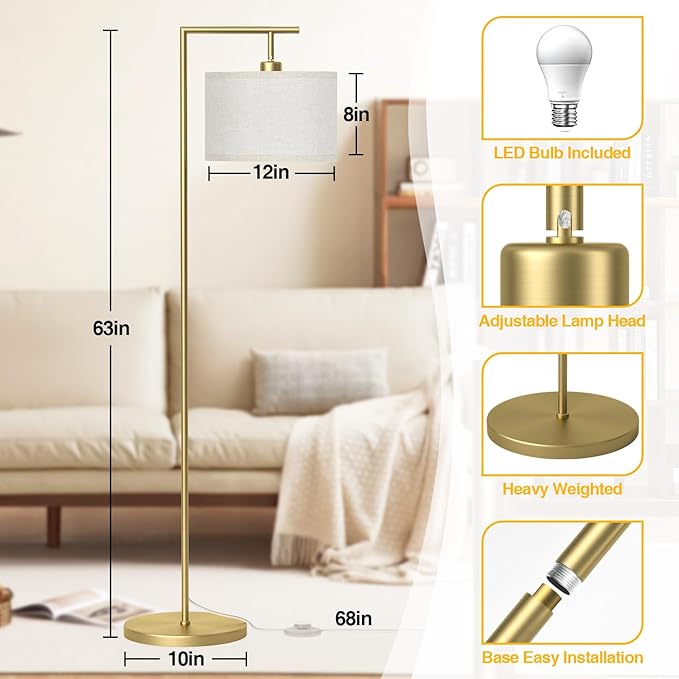 CNXIN Floor Lamp for Living Room with 3 Color Temperatures Standing Lamp with Adjustable Beige Linen Lampshade Tall Lamps for Bedroom Office Classroom Dorm Room, 9W LED Bulb Included, Gold