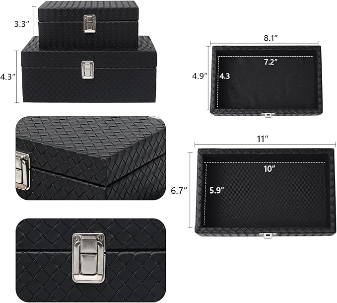 Faux Leather Decorative Jewelry Storage Organizer Boxes Set of 2, Black