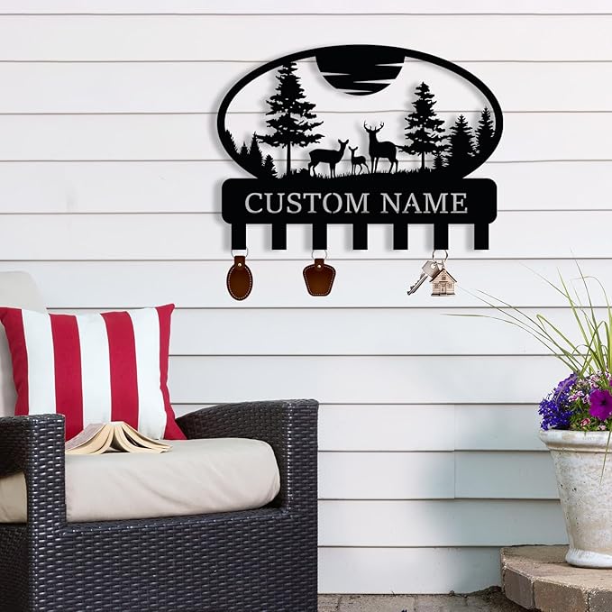 Personalized Metal Key Holder for Wall, Custom Metal Deer Cabin Key Hooks with Name, Name Letter Wall Decoration Key Hooks, Farmhouse Deer Sign, Key Rack for Kitchen, Key Organizer for Cabin Home Gift
