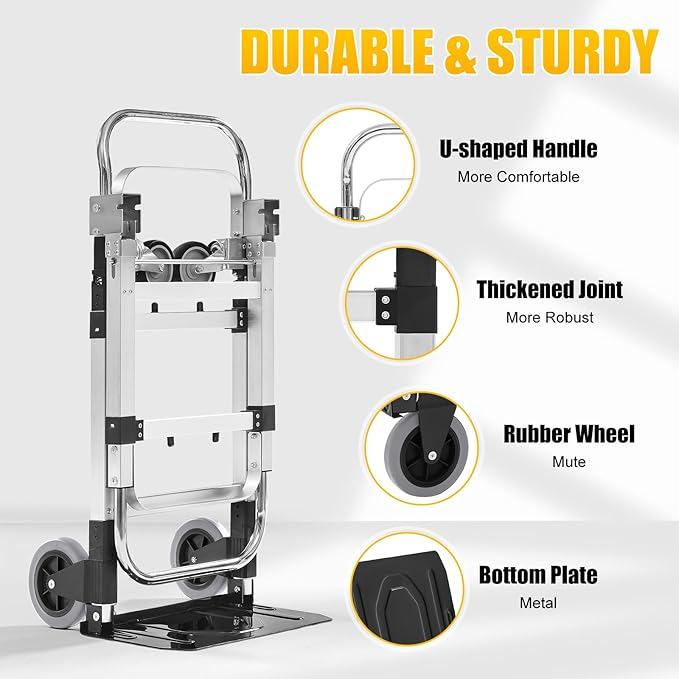 3 in 1 Aluminum Folding Hand Truck Dolly Cart with Wheels 600 Lbs Capacity Collapsible Heavy Duty Convertible Trolley with Retractable Handle for Moving Home Warehouse Office Camping (Black)