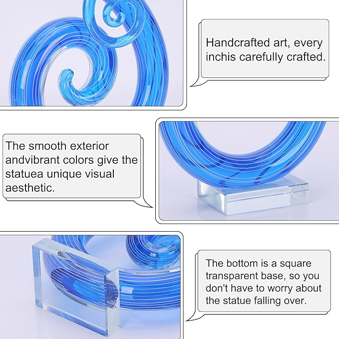 LCCCK 13" H Large Glass Sculpture Blue Hand Blown Glass Figurines Art Music Decor, Modern Red Glasses Decor Crystals Statue Knick Knacks- for Luxury Home Living Room Office Console Table Decoration