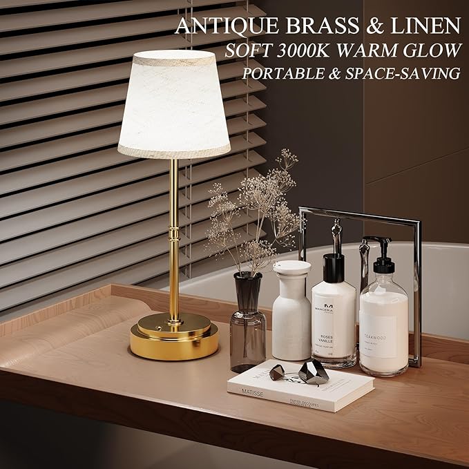 Cordless Table Lamp Rechargeable, Antique Brass LED Touch Lamp with 7500mAh Battery - Portable Dimmable Light for Dining Room, Patio & Bedroom, 2-in-1 Adjustable Height (16"/11", Warm White)