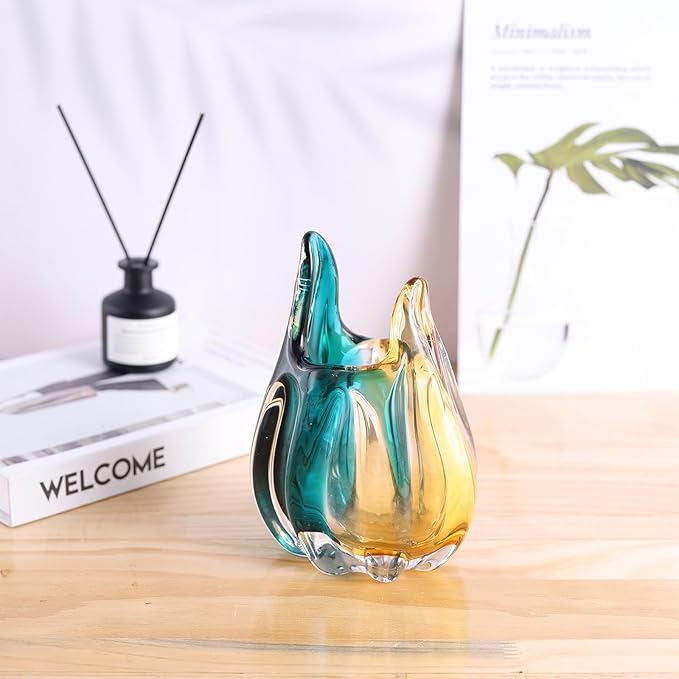Hand Blown Glass Vase, Medium Wide Mouth Flower Vase Unique Modern Turquoise Glass Art Decor, Nonbreakable Vases for Table Centerpieces Living Room Decorative Amber and Teal Vase