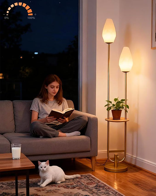 Lightdot 63IN Gold Floor Lamp with Shelf, Mid Century U-Shaped Tall Standing Lamps with 2 Rock-Shaped Lampshades, 3000K Warm White Unique Modern Dimmable Floor Lamp for Living Room/Bedroom