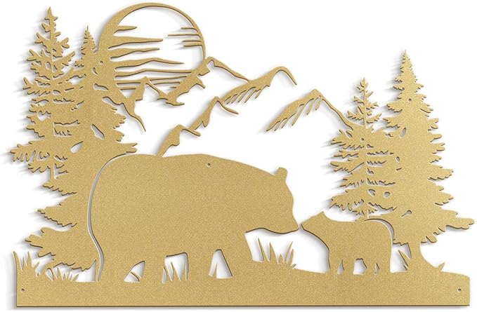 SIGNLEADER Metal Wall Art Decor Bear, Pine, Mountains Minimalist Modern Abstract Wall Sculpture Hangings Home Decoration for Living Room, Bedroom, Bathroom, Kitchen, Outdoor - 18" Gold
