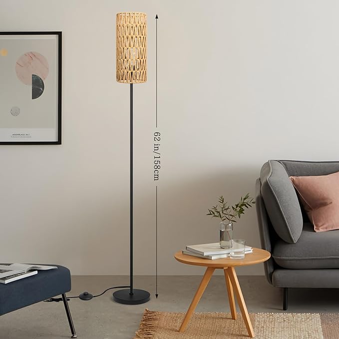Floor Lamp for Living Room,Farmhouse Rattan Floor lamp,Modern Standing lamp with Hand-Worked Rattan Shade,Black Tall Lamp with Foot Switch for Bedroom,Kids Room,Office,LED Bulb is Included.