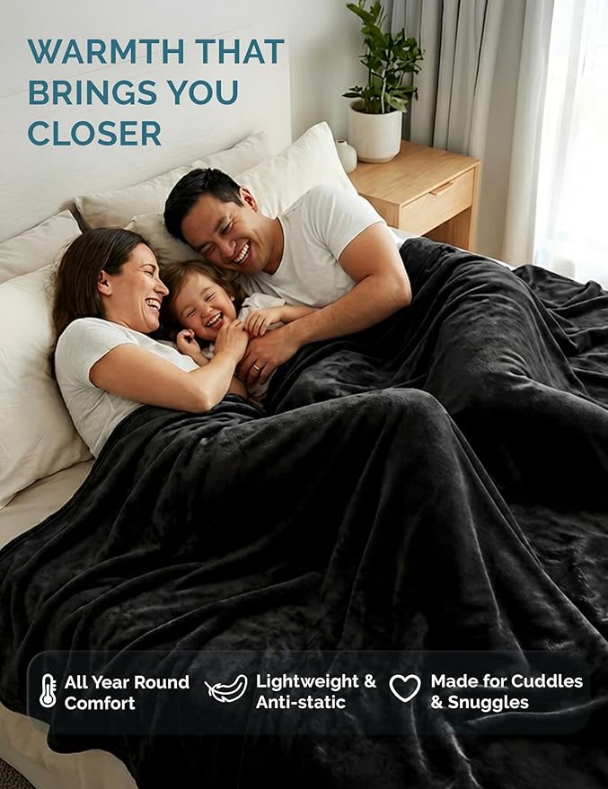 Casa Platino Fleece Blanket Queen Size – 300 GSM Black Fleece Throw for Bed or Couch – Soft Cozy Warm Holiday Winter Blanket for Bed, Fuzzy Plush Elegant Gifts for Men & Women - 90x90 Inch