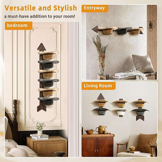 Cowboy Hat Rack Wall Mount, Solid Wood Arrow Design 6 Pieces, Cowboy Hat Holder, Western Decor, Hat Organizer Storage, Hat Hanger Hook for Entryway Closet, Walnut