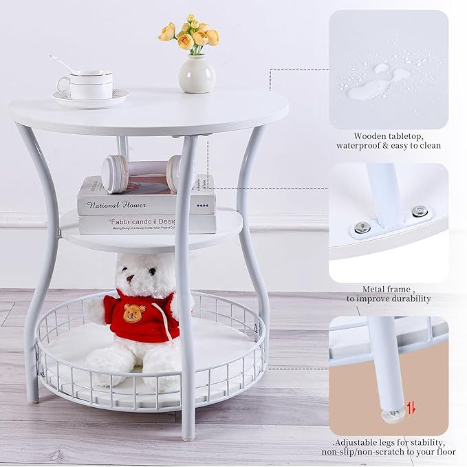 Round Side Table, 3-Tier End Table with Storage Shelf,White Accent Sofa Table for Small Spaces,Corner Round Coffee Table for Living Room, Bedroom,19.6 inch Diameter