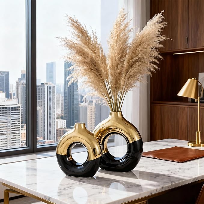 Black and Gold Vase Decor Donut Vase Set of 2 - Circle Hollow Vases, Modern Matte Ceramic Vases for Entryway Living Room Bedroom Dining Table Centerpiece Office Home Decor