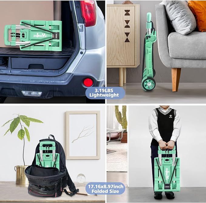 Folding Hand Truck Dolly Cart,Collapsible Shopping Trolley,Mini Lightweight Hand Dolly,Backpack Trolley,Luggage Cart,Aluminum Telescopic Rod,2 Wheel Trolley Expandable Large Chassis,Mint Green