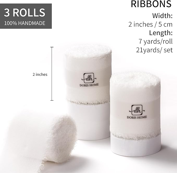 DORIS HOME Ivory White Chiffon Ribbon for Flower Bouquet, 2" x21Yd Fabric Ribbon for Gift Wrapping, Handmade Frayed Ribbon for Wedding/Christmas Decorations