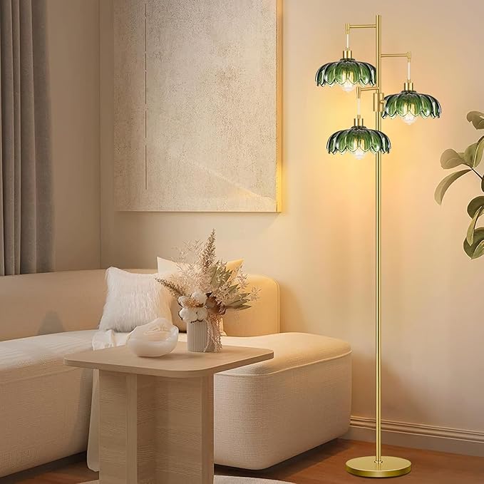 WLQCWL Vintage Floor Lamps for Living Room Bedroom-3 Light Dimmable Gold Floor Lamp with Glass Lampshape, Flower Tall Lamp Modern Mid Century Standing Lamp Green Tree Floor Lamp for Bedroom Corner