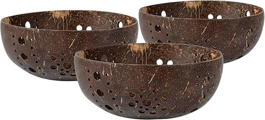 Restaurantware-Coco Casa 5.1 x 2 Inch Coconut Shell Candle Holders, 10 Reusable Tealight Holders - Candle Not Included, Sun Pattern, Brown Coconut Bowls For Candles, Handcrafted