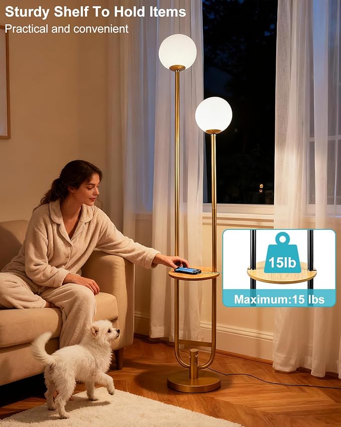 Lightdot 63IN Gold Floor Lamp with U Pole, 2 Globe Mid Century Standing Lamps with Warm White LED Bulbs, Unique Vintage Tall Floor Lamp for Living Room/Wedding/Party