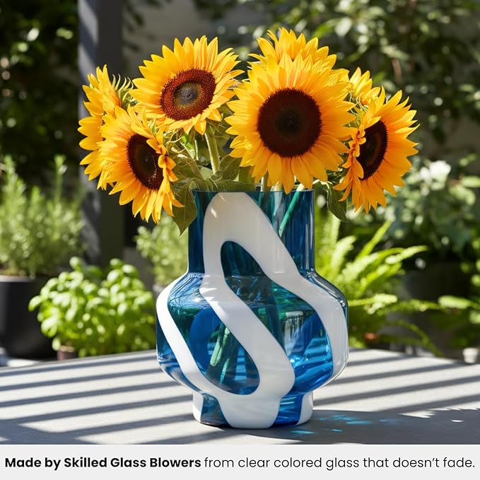 Torre & Tagus 8" White Striped Blue Vase for Flowers - Hand Blown Blue & White Art Glass Vase Modern Home Decor, Large Table Centerpiece for Living Room Consoles, Dining Tables, Modern Art Displays