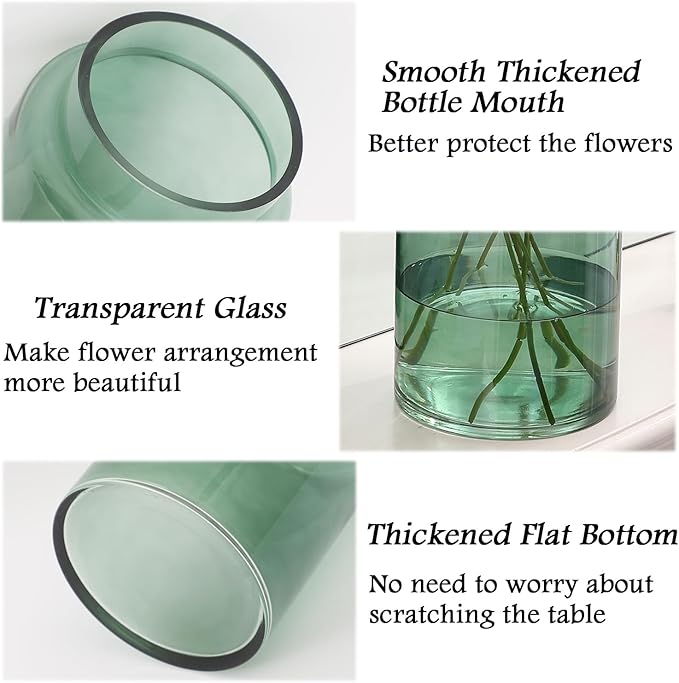 Large Glass Vase, 9 Inch Green Glass Vase, Large Flower Vases for Bouquet, Tall Wide Mouth Vases for Flowers, Home, Wedding, Living Room, Office Decor