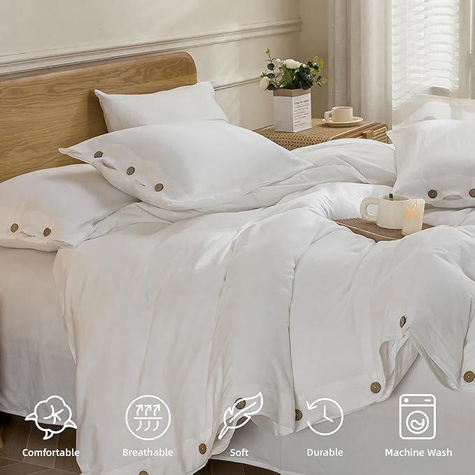 JELLYMONI Cotton Duvet Cover King Size - Bright White Comforter Cover with Button 100% Washed Cotton 3PCS Breathable Soft Solid Bedding Set Duvet Cover 104×90in & 2 Pillowcases (NO Comforter)
