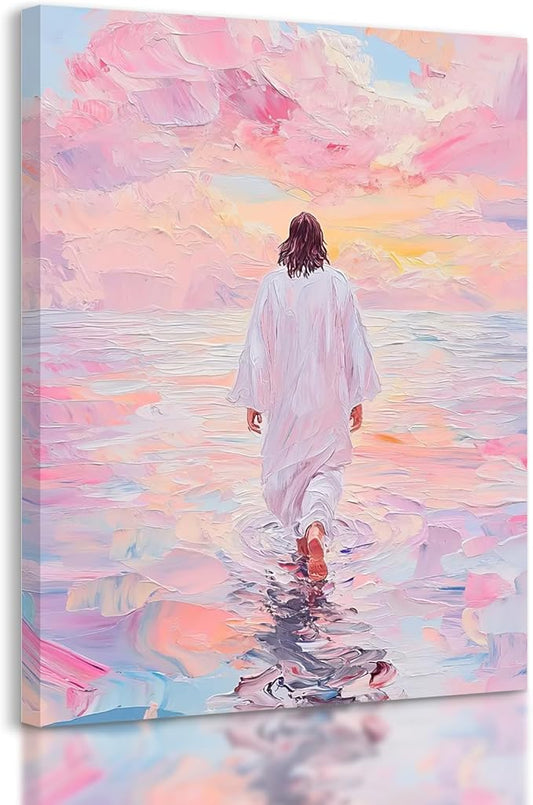 Jesus Wall Art, Pink Jesus Walking on Water Canvas Prints Painting, Christian Wall Decor Religious Poster Pictures Artwork for Living room Bedroom Church 16x24 in Framed