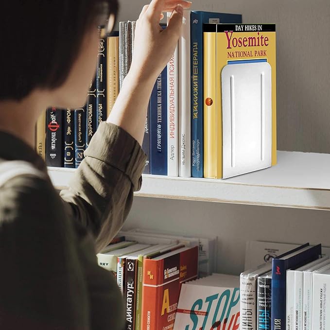Acrimet Steel Metal Bookends for Shelves, Heavy Duty, for Large Books, 6 7/8" Tall X 4" Wide X 4 1/2" Deep, White Colored, 1 Pair