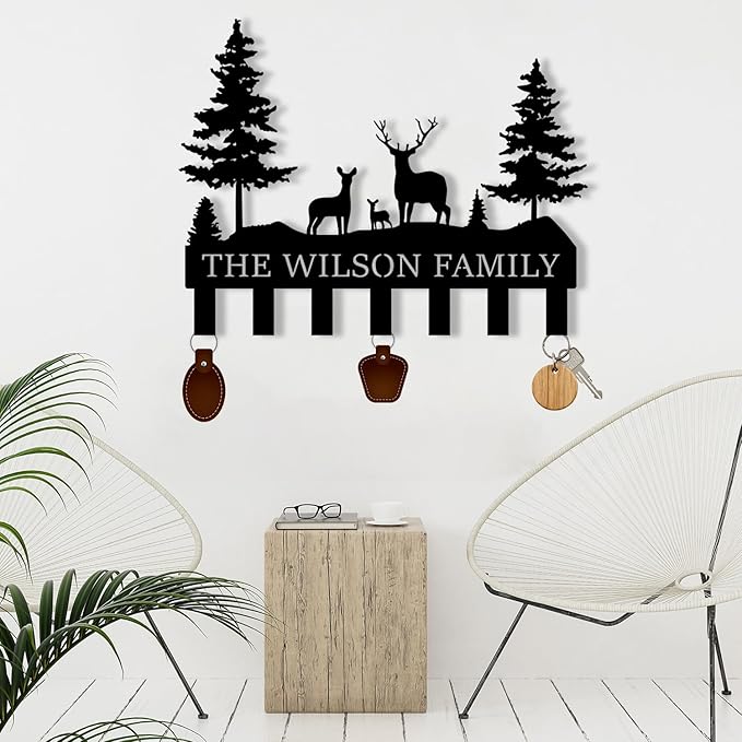 Personalized Metal Key Holder for Wall, Forest Design Rack, Metal Wall Mount Custom Name Hooks Decoration, Name Letter Wall Decoration Key Hooks, Key Hanger Decor, Key Organizer for House, Farmer Gift