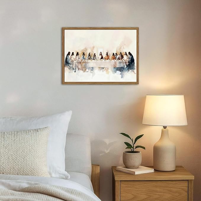 Jesus Last Supper Wall Art, Christian Wall Decor Pictures, Religious Watercolor Canvas Paintings Prints Bible Artwork for Living Room Dining Room Church Faith Decor 12x16 Inch Framed