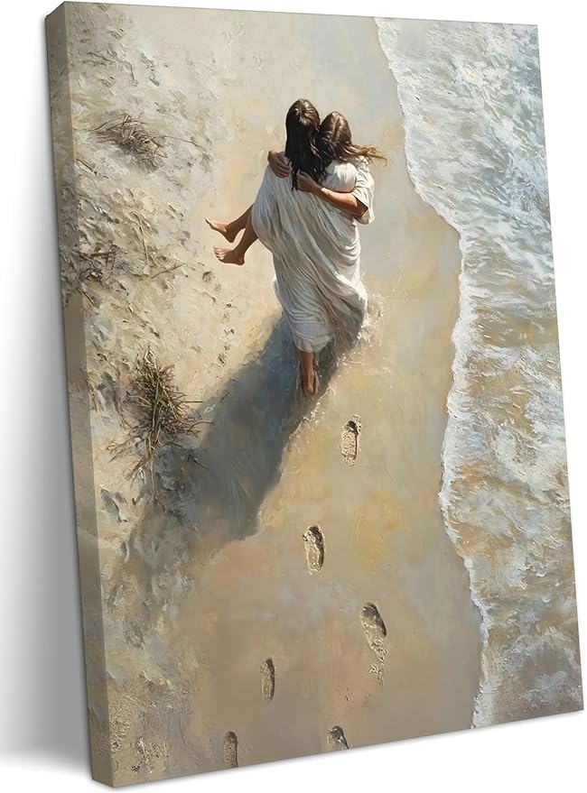 Jesus Holding Woman Wall Art Jesus Footprints in the Sand Canvas Print Wall Decor Painting Christian Wall Art Home Decor Pictures for Living Room Church Prayer Room 12x16 Inch Framed