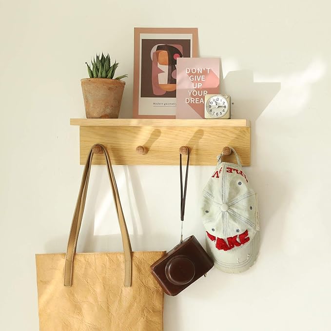Wall Mount Coat Rack with Shelf, Sturdy Wooden Floating Shelf withHooks Save Your Indoor Space, Wall Organizer siutable for Entryway, Mudroom,Kitchen, Bathroom, etc(Oak Finish)