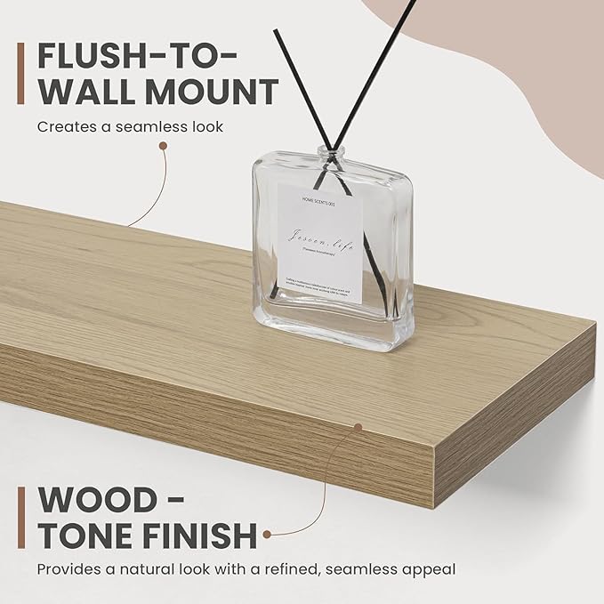 55 Inch Floating Shelves, 8 Inch Deep Floating Shelves for Wall, Hanging Shelf with Invisible Brackets, Deep Shelves for Bathroom, Bedroom, Living Room, Oak, Set of 2