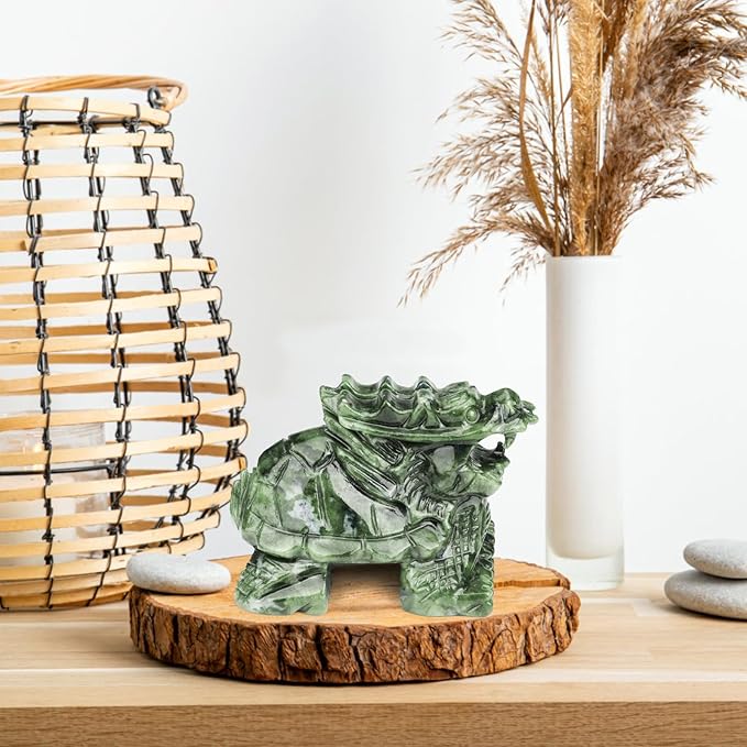 Dragon Turtle Jade Statue - Natural 4inch Gemstone Sculpture for Home Decor, Feng Shui Carved Figurine Outdoor Garden Decorative