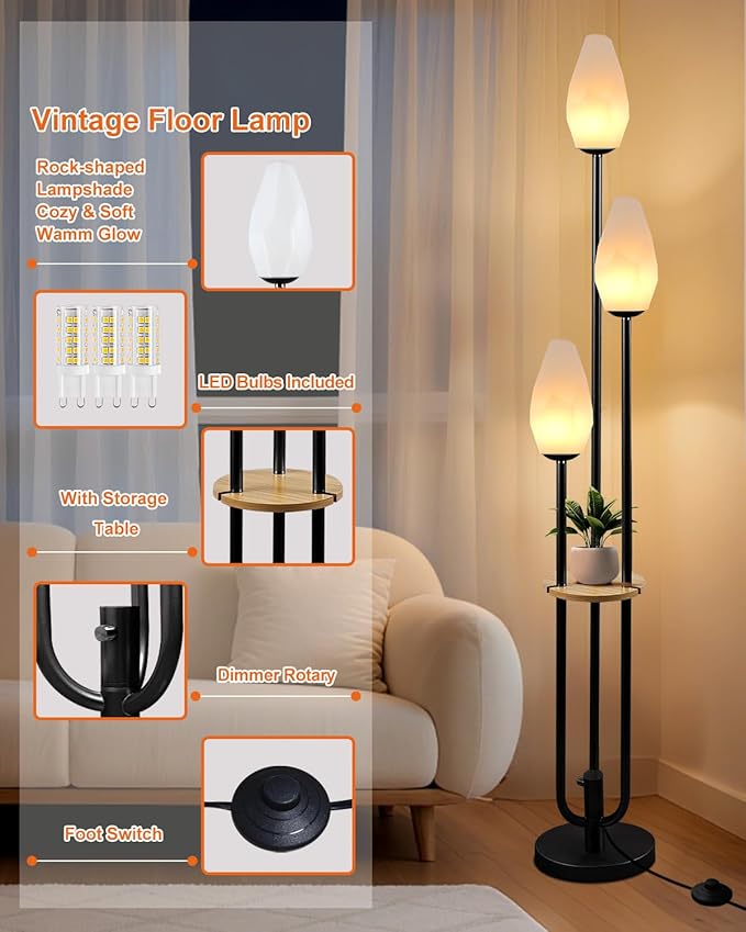 Lightdot Black Dimmable Floor Lamp with Table, 63IN Mid-Century Oval Floor Lamps with 3000K Soft Warm White Bulbs, 3-Lights Candle Holder Style Modern Tall Standing Lamp for Living Room