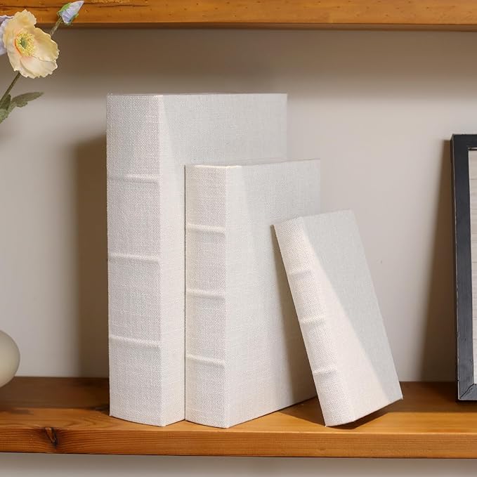Decorative Book Boxes Set of 3 – Modern Faux Linen & Wood Hidden Storage for Coffee Table – Stackable Fake Books for Shelf Decor, Remote Control & Jewelry Organizer (Off White)