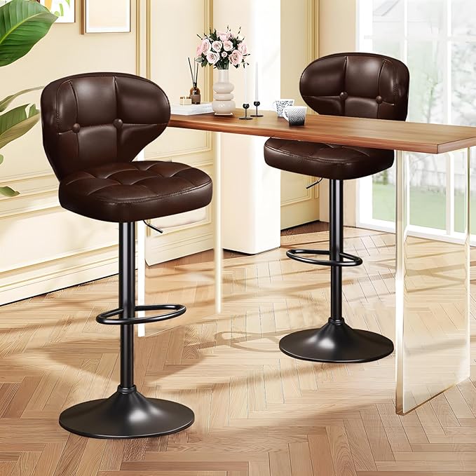 Bar Stools Set of 2, Adjustable Swivel Bar Chairs with 360° Rotation, Padded Counter Stools with Back and Footrest for Kitchen Island, Bistro, Cafe, and Home Use Brown-2pcs