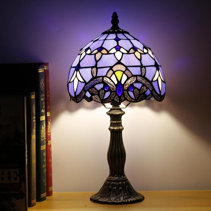 Small Tiffany Lamp Stained Glass Desk Lamp Vintage Tiffany Bedside Table Lamp for Home Living Room Bedroom Nightstand 8X15 Inch (Blue Baroque Style)