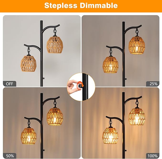9MMML Rattan Floor Lamp for Living Room, Boho Floor Lamp with 2 Hanging Rattan Lamp Shade, 67'' Farmhouse Dimmable Black Standing Lamp with Rotary Switch for Bedroom, 2 x 800LM LED Bulbs Included