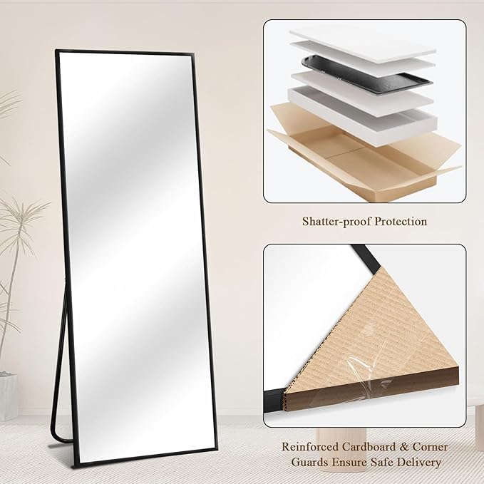 Full Length Mirror with Stand, Shatterproof Full Body Mirror, Aluminum Alloy Thin Frame - Freestanding/Leaning/Wall Mount for Bedroom, Living Room & Entryway (Black)