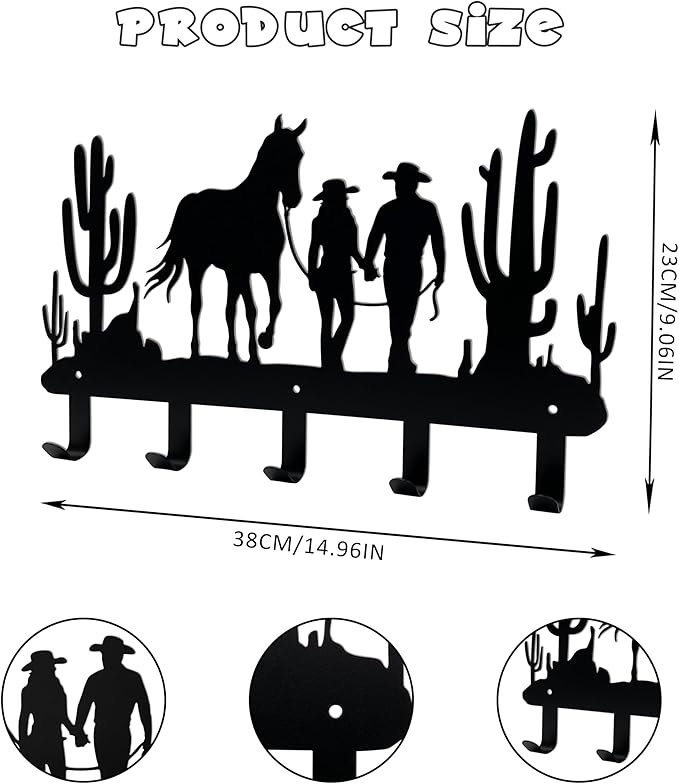 Ecqizer Cowboy Coat Hooks Wall Decor-Cowboy Hangers and Key Hooks Holder-Clothes Cowboy Hat Rack and Backpack Hanger-Cowboy Wall Art Decor for Storage, Living Room, Hallway, Bedroom…