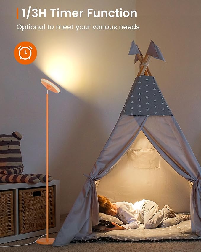 WOWLUMEN UFO Floor Lamp 71in, Upgraded 42W 3700LM LED Torchiere Floor Lamps for Living Room, Modern Tall Bright Standing Light with Remote, Dimmable Sky Light,1/2/3H Timer for Bedroom,Office(Orange)
