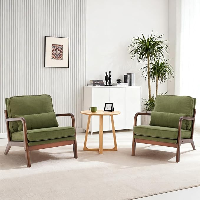 DUMOS Mid Century Accent Chair, Modern Living Room Chairs with Arms and Waist Cushion, Reading Chairs for Adults, Lounge Chair for Bedroom, Solid Wooden Frame, Classic Green