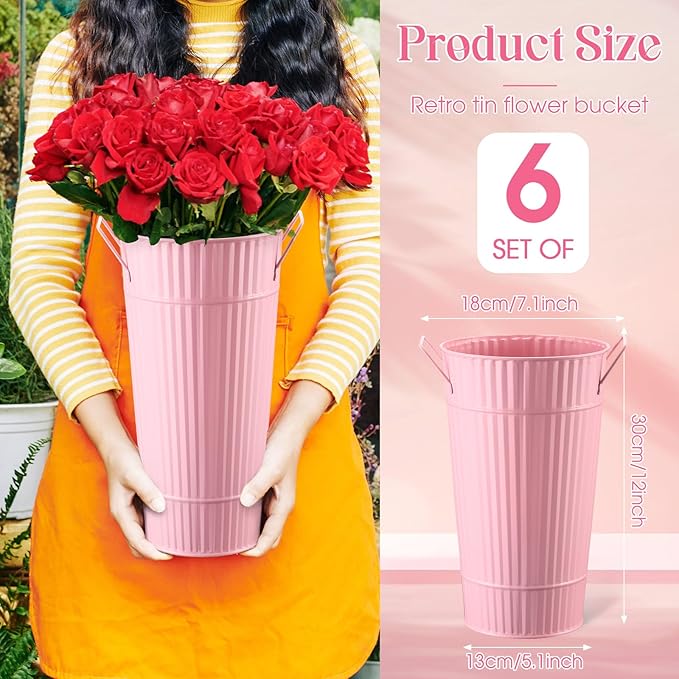 Layhit 6 Pcs 12 Inch Galvanized Flower Buckets Metal Flower Vases with Handle Farmhouse French Bucket Planter Floral Container for Flowers Wedding Bridal Shower Home Table Decor(Pink)
