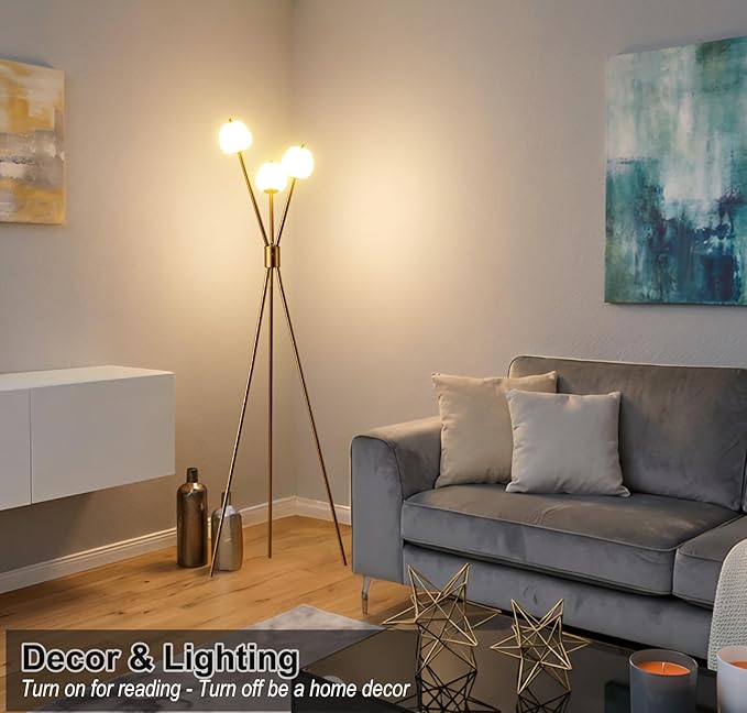 Fiqevs Dimmable Tripod 3 Globe Floor Lamp for Living Room, Mid Modern Gold Floor Lamp with Elegant Frosted Ball Shade and Warm Light LED Bulbs, Standing Tall Lamp for Bedroom, Office - Antique Brass