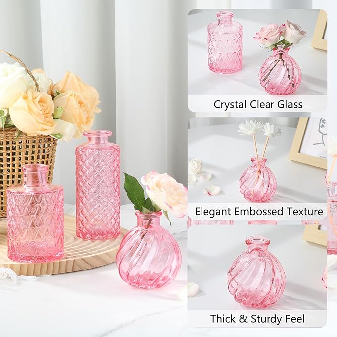 RUCKAE 12 Pack Glass Bud Vases Mini Flower Vase Small Vintage Vases for Centerpiece Table Wedding Decorations Home Decor Party (Pink)