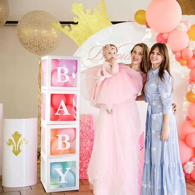Baby Boxes With 4 pcs Letters White Clear Balloon Box Blocks for Baby Shower and Birthday Party