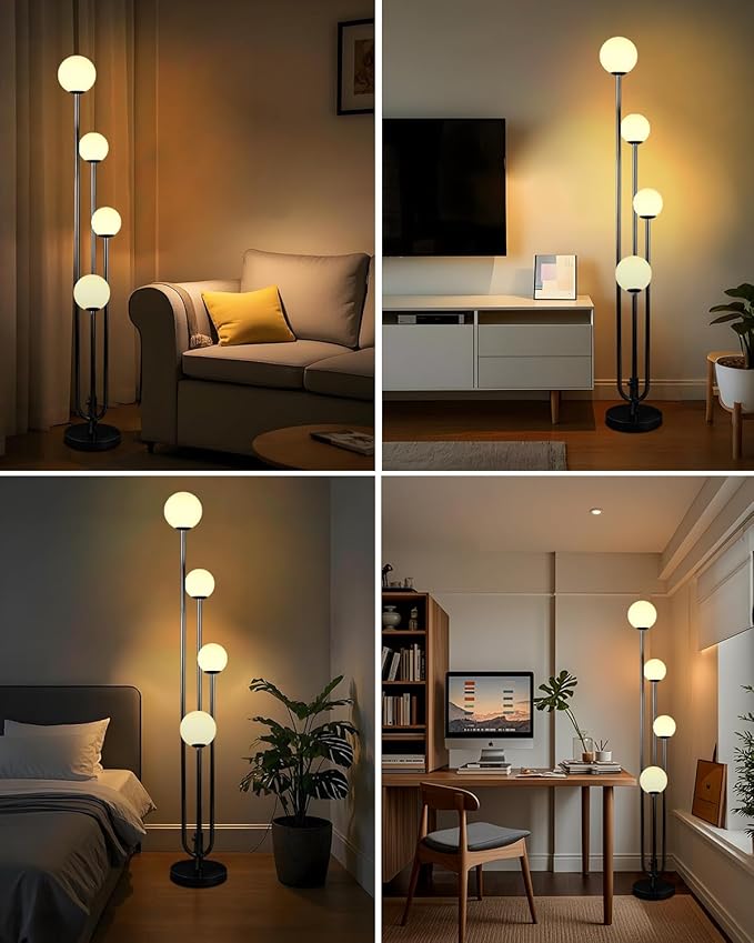ACOHOOK 63IN 4-Light Dimmable Floor Lamp, Unique Black Tall Standing Lamps with Globe Shade &3000K G9 Bulbs for Reading, Mid Century Modern Floor Lamp for Living Room Bedroom Office