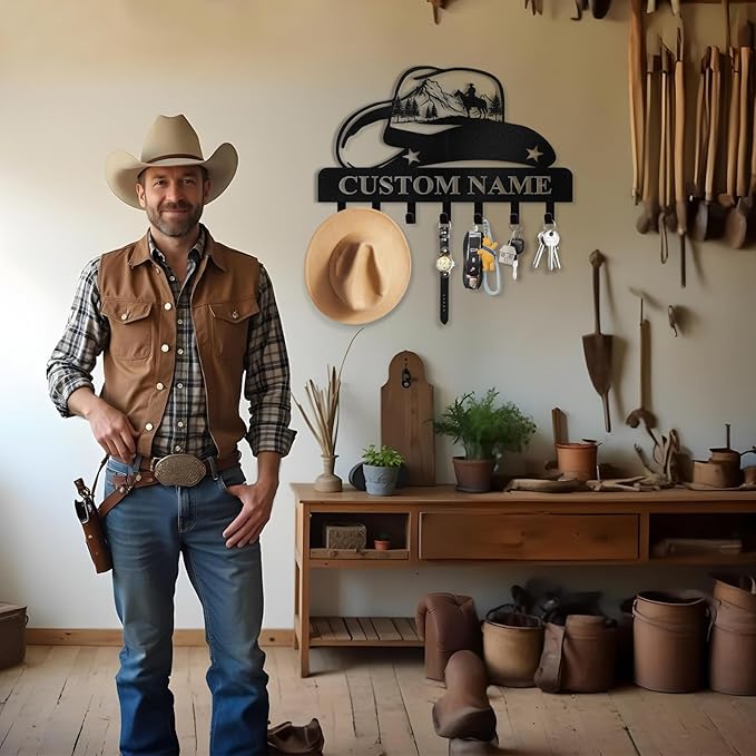 Personalized Cowboy Coat Hooks, Cowboys Key Holder for Wall, Clothes Cowboy Hat Rack and Backpack Hanger, Western Wall Decor, Metal Key Rack Organizer for Kitchen Entryway Color03