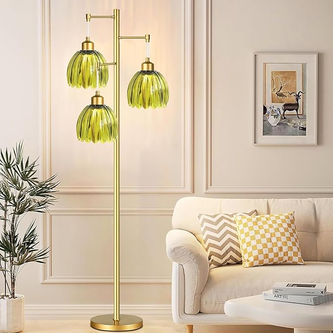 WLQCWL Vintage Floor Lamps for Living Room-3 Light Gold Floor Lamp with Three Bulbs & Glass Lampshape,Glass Mid Century Modern Standing Lamp Tree Tall Flower Floor Lamp for Bedroom Living Room,Corner